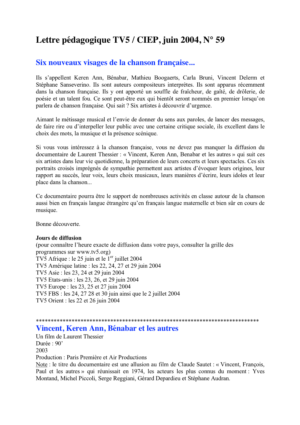 Lettre Pédagogique TV5 / CIEP, Juin 2004, N° 59 Six