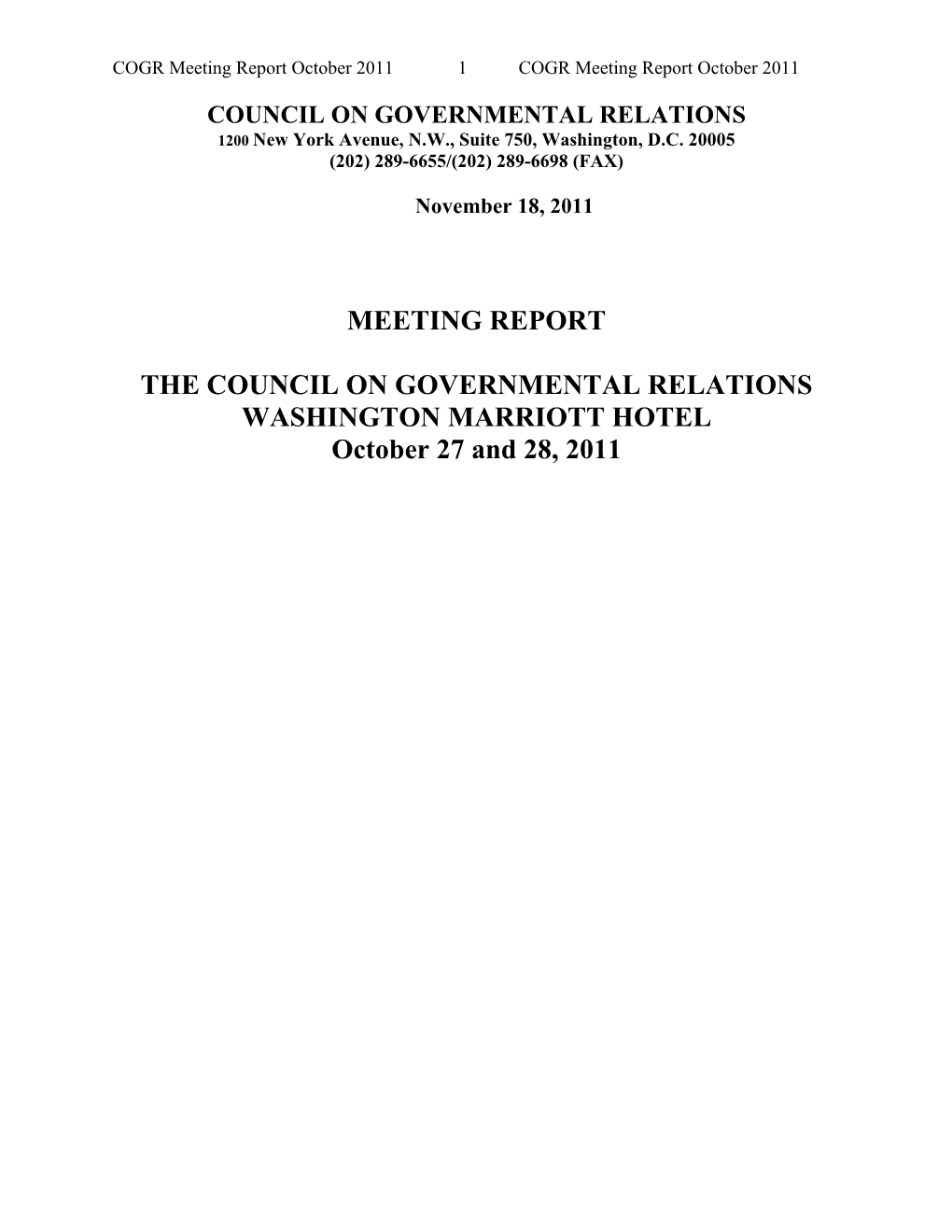 Meeting Report October 2011 1 COGR Meeting Report October 2011