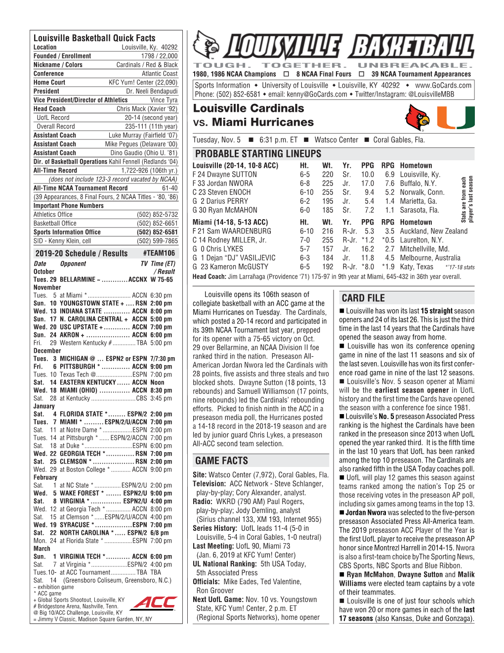 Louisville Cardinals Vs. Miami Hurricanes