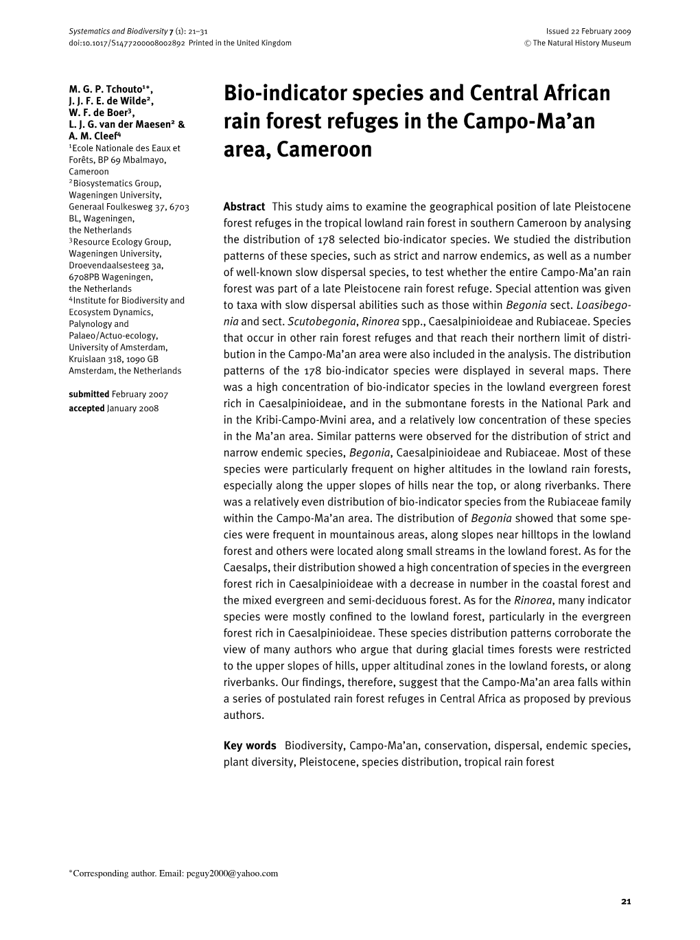 Bio-Indicator Species and Central African Rain Forest Refuges in The