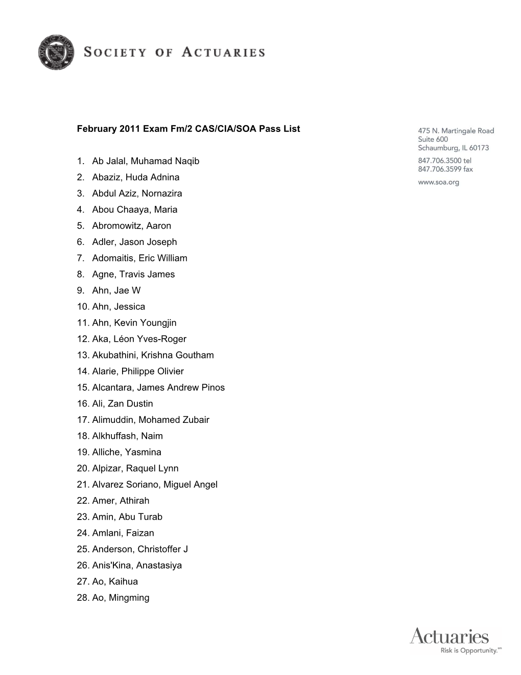 February 2011 List of Passing Candidate Names Exam FM