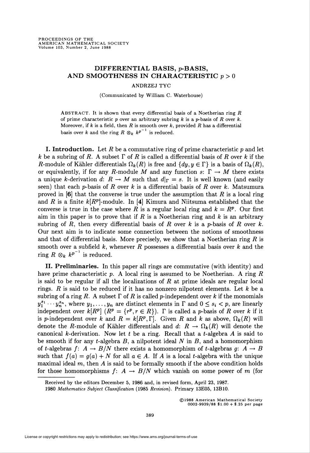 DIFFERENTIAL BASIS, P-BASIS, and SMOOTHNESS in CHARACTERISTIC P > 0 ANDRZEJ TYC