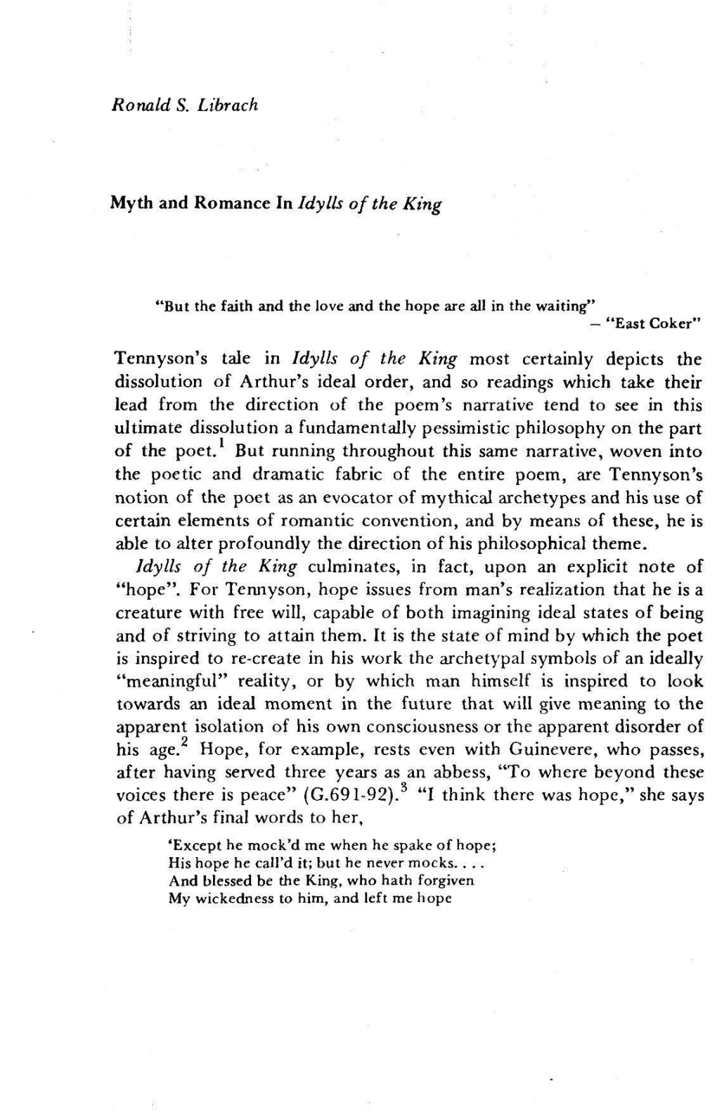 Myth and Romance in Idylls of the King Tennyson's Tale in Idylls of The