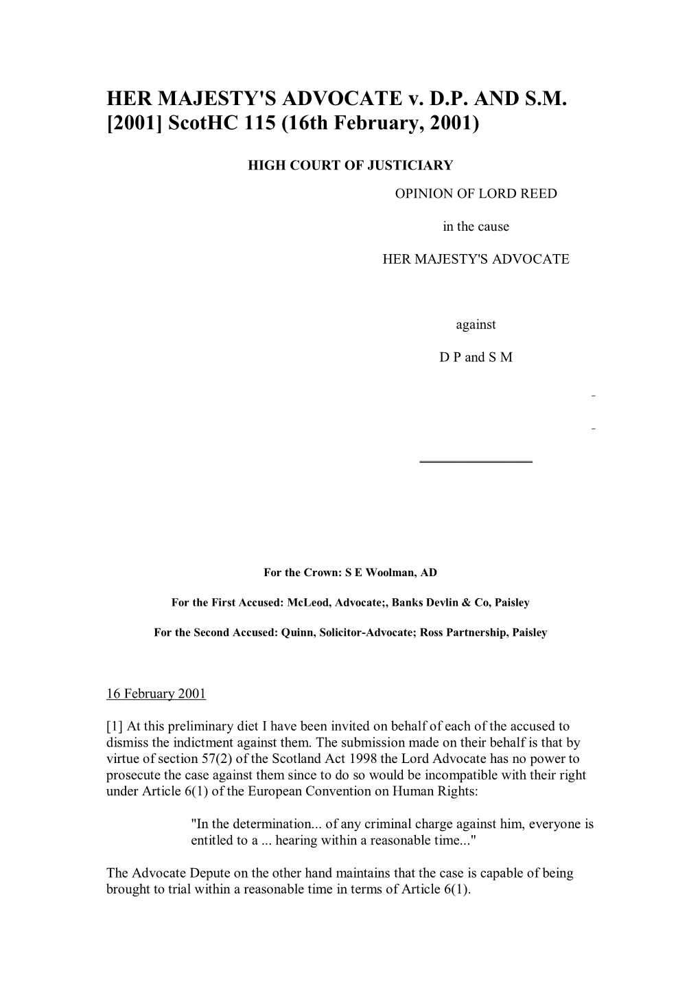 HER MAJESTY's ADVOCATE V. D.P. and S.M. [2001] Scothc 115 (16Th February, 2001)