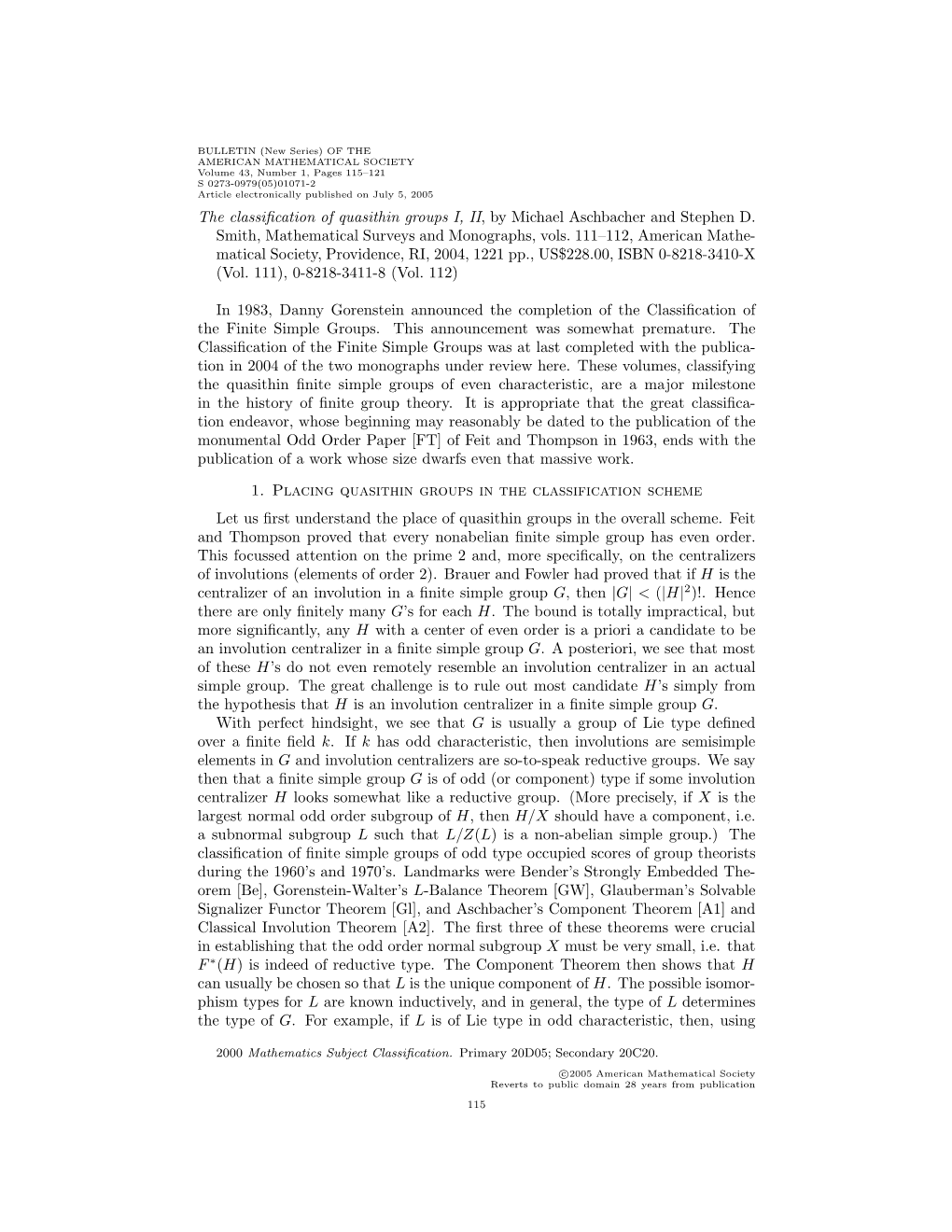 The Classification of Quasithin Groups I, II, by Michael Aschbacher And