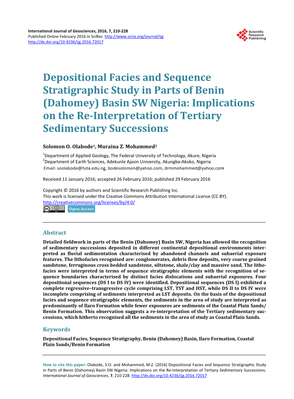 (Dahomey) Basin SW Nigeria: Implications on the Re-Interpretation of Tertiary Sedimentary Successions