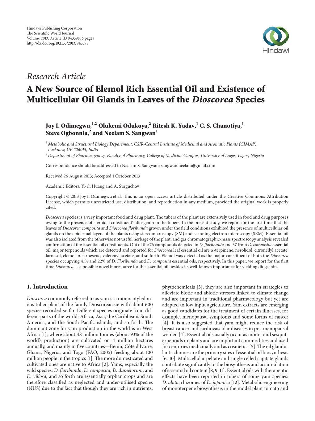 A New Source of Elemol Rich Essential Oil and Existence of Multicellular Oil Glands in Leaves of the Dioscorea Species