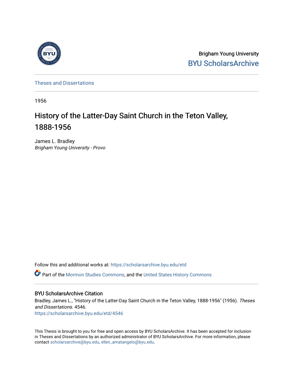 History of the Latter-Day Saint Church in the Teton Valley, 1888-1956