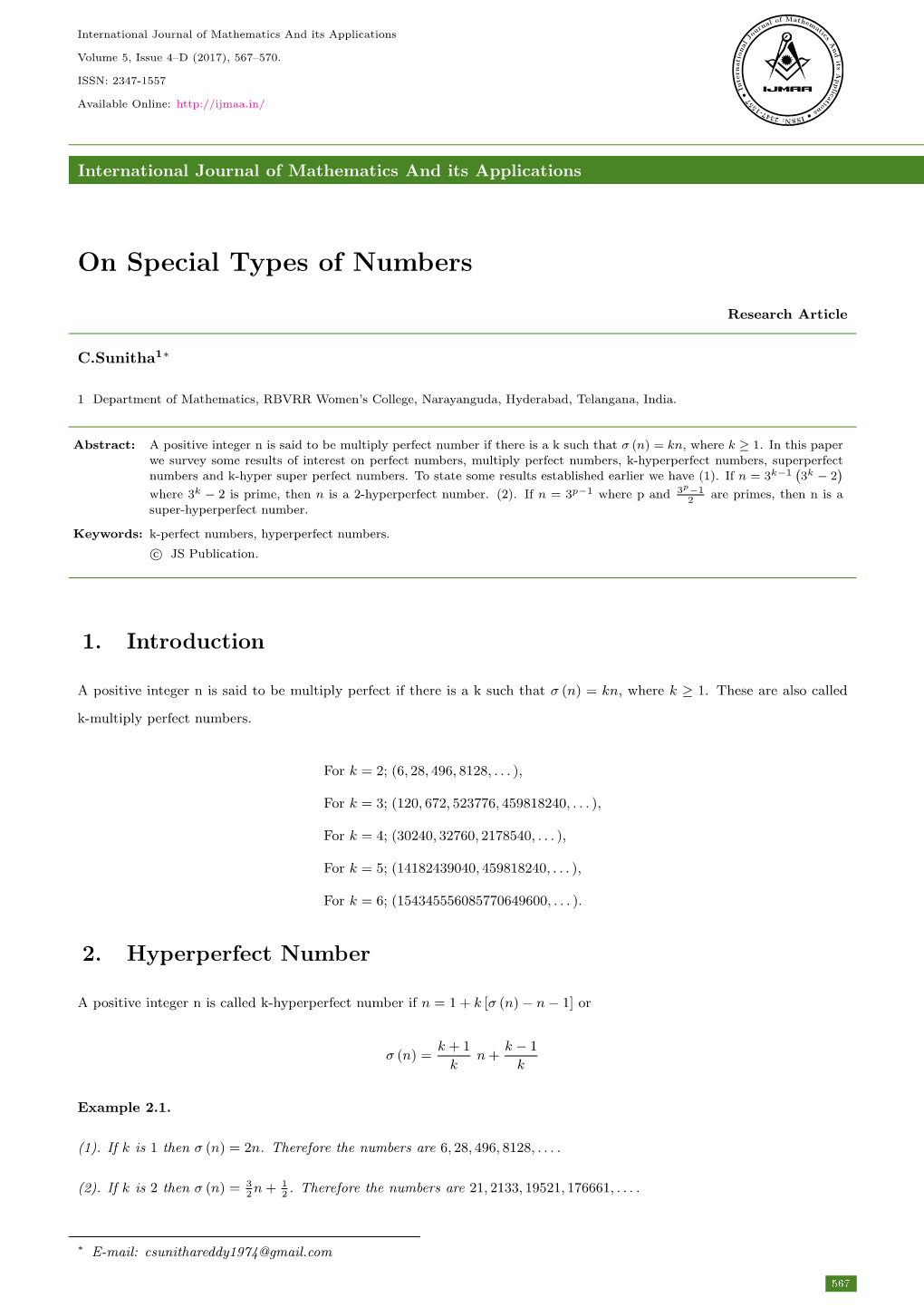 On Special Types of Numbers