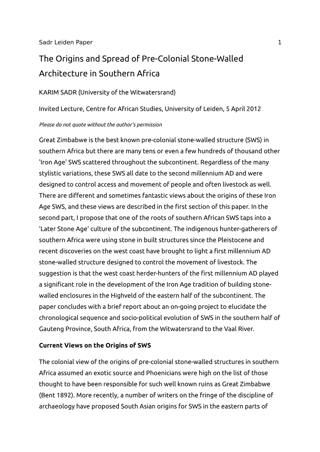 The Origins and Spread of Pre-Colonial Stone-Walled Architecture in Southern Africa