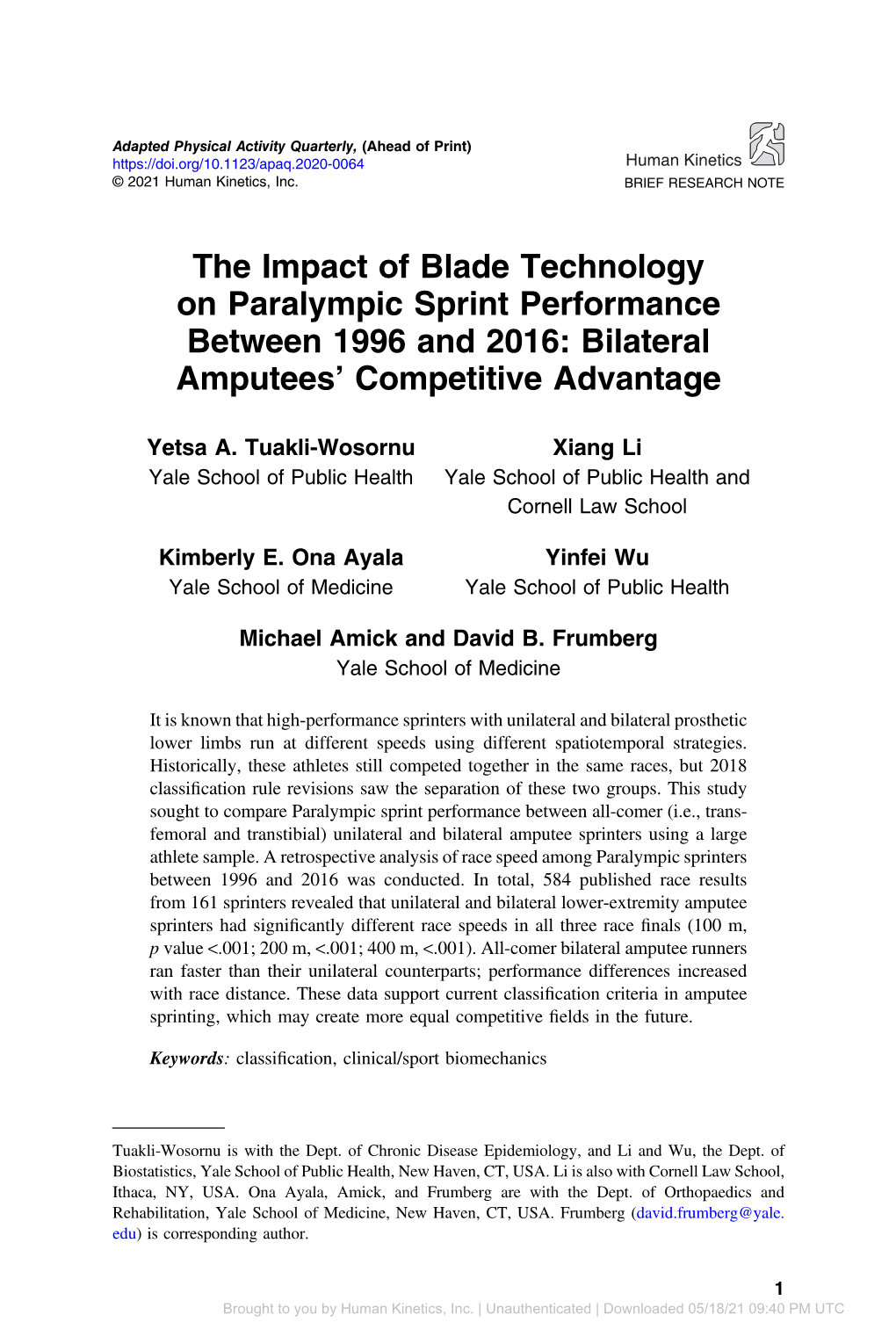 The Impact of Blade Technology on Paralympic Sprint Performance Between 1996 and 2016: Bilateral Amputees’ Competitive Advantage