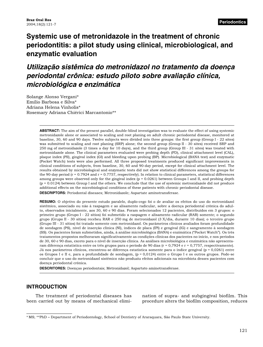 Systemic Use of Metronidazole in the Treatment of Chronic Periodontitis