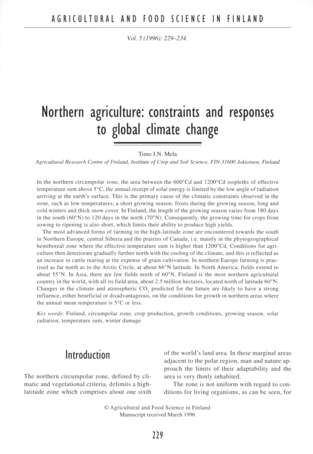 Northern Agriculture: Constraints and Responses to Global Climate Change