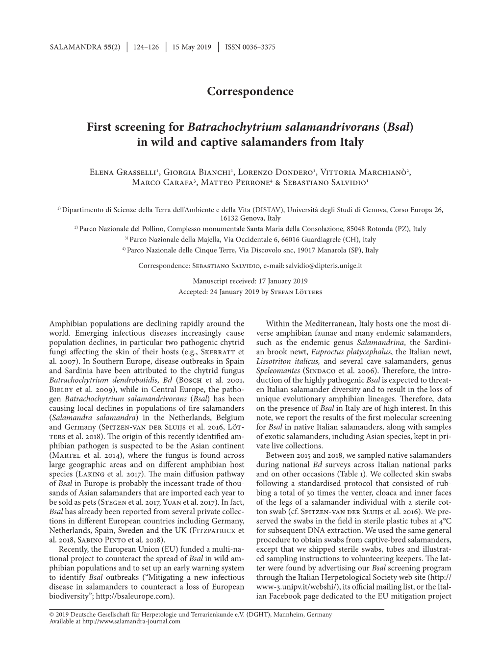 First Screening for Batrachochytrium Salamandrivorans (Bsal) in Wild and Captive Salamanders from Italy