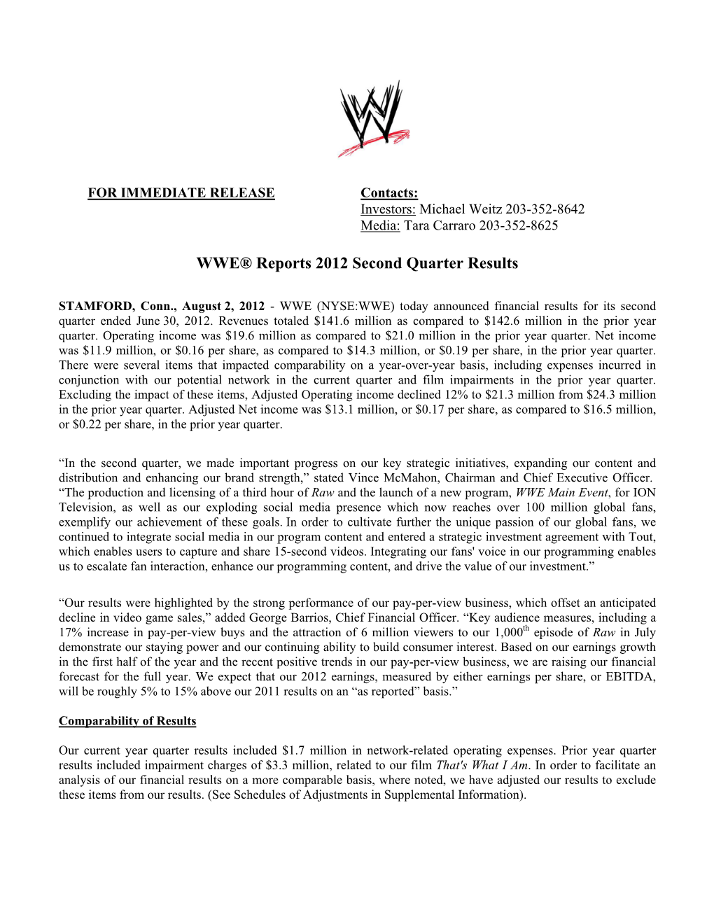 WWE® Reports 2012 Second Quarter Results