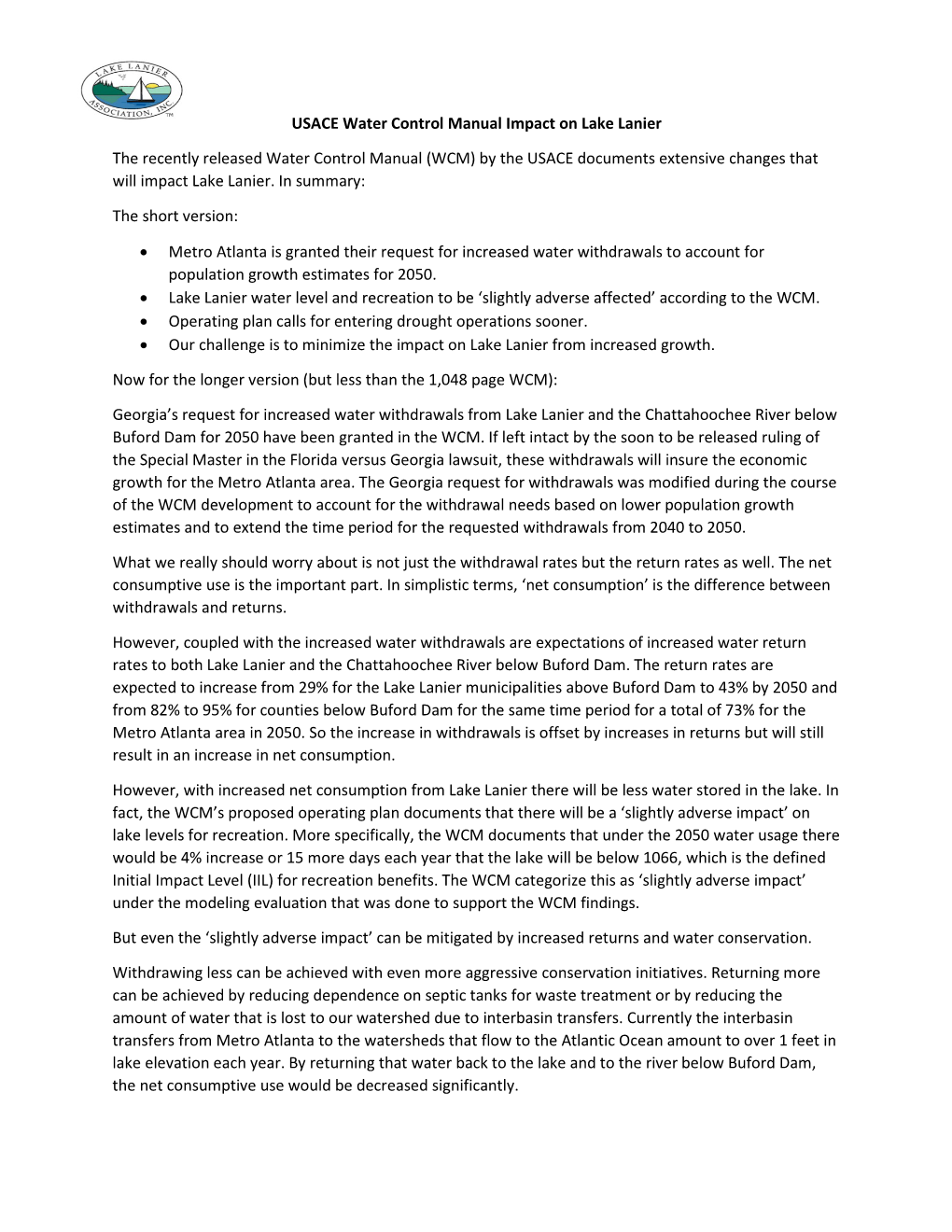 USACE Water Control Manual Impact on Lake Lanier