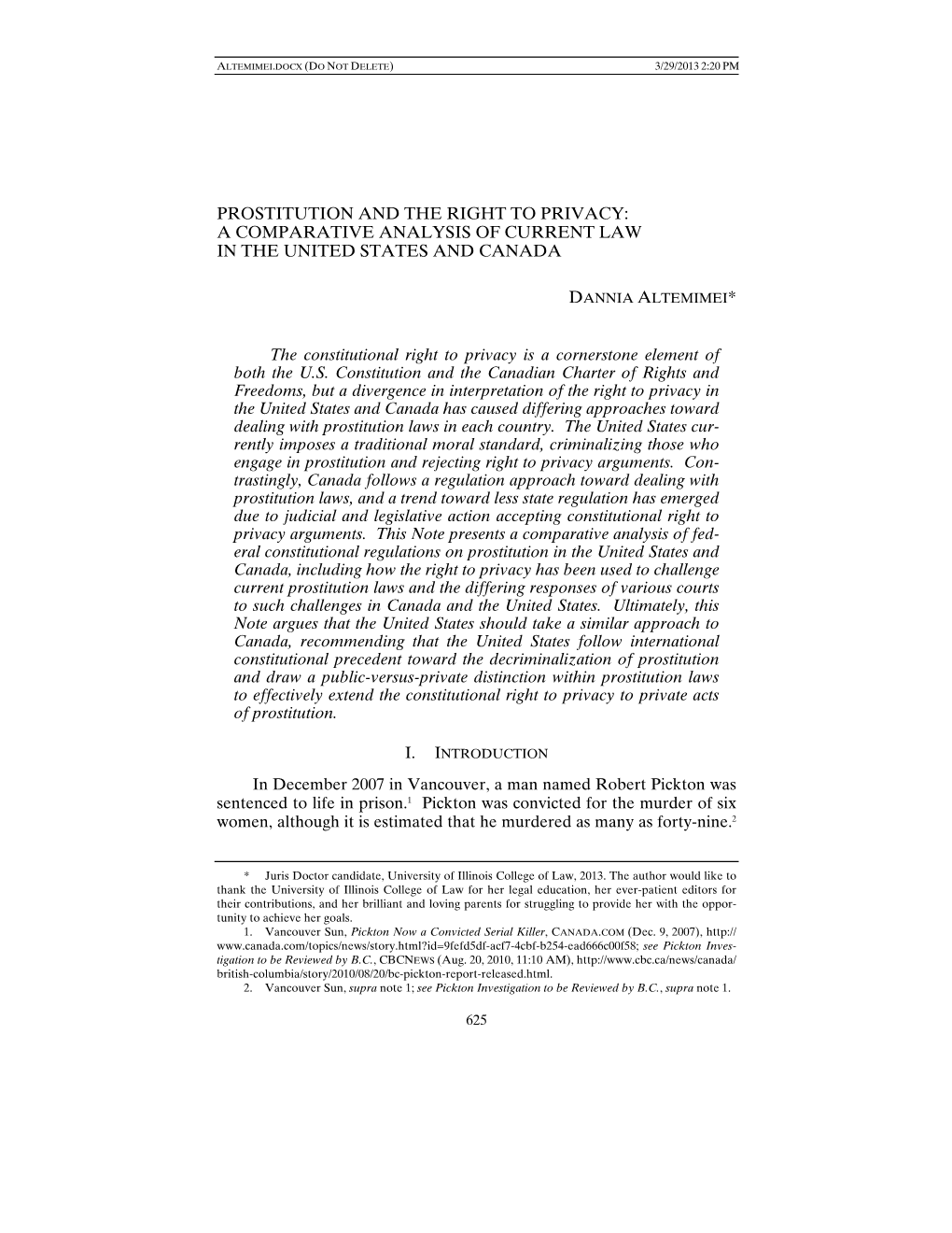 Prostitution and the Right to Privacy: a Comparative Analysis of Current Law in the United States and Canada