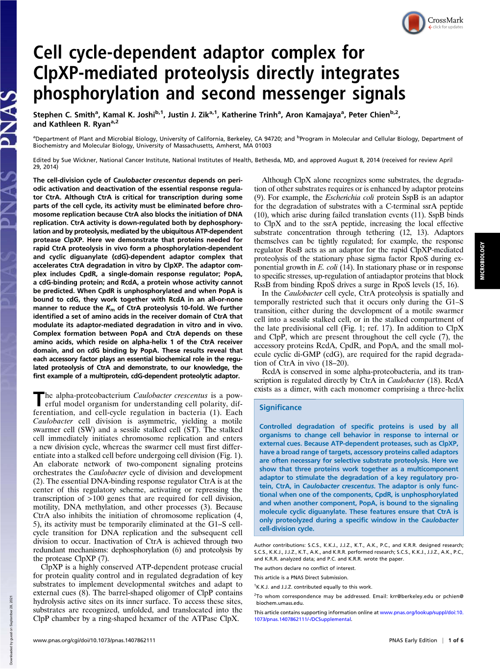 Cell Cycle-Dependent Adaptor Complex for Clpxp-Mediated Proteolysis Directly Integrates Phosphorylation and Second Messenger Signals
