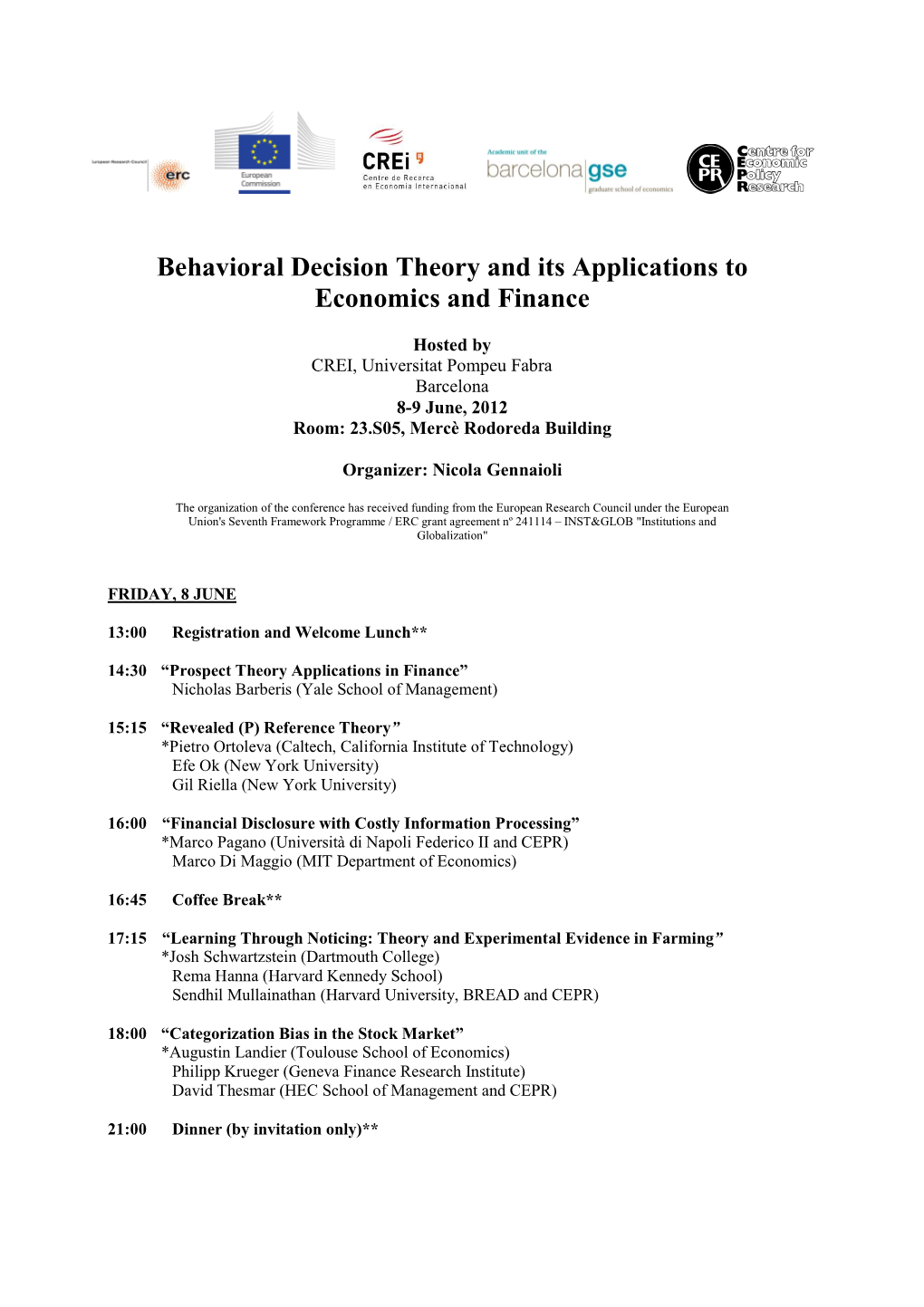 Behavioral Decision Theory and Its Applications to Economics and Finance
