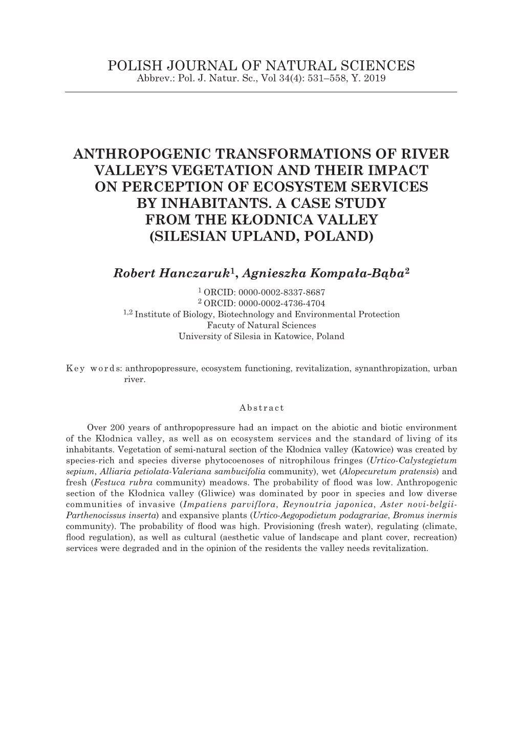 Polish Journal of Natural Sciences Anthropogenic