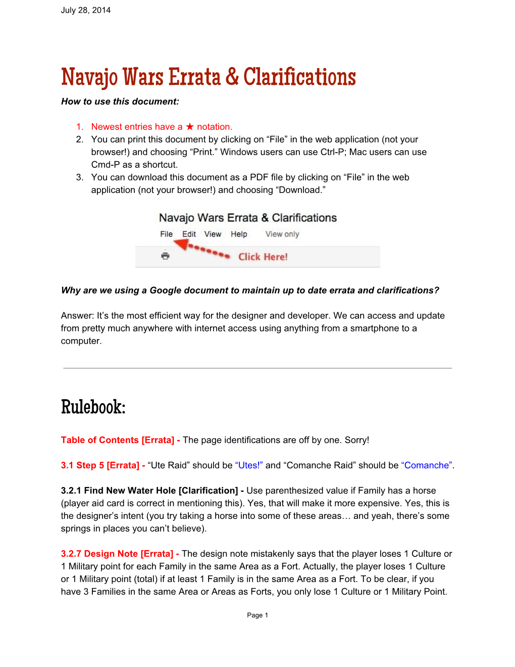 Navajo Wars Errata & Clarifications