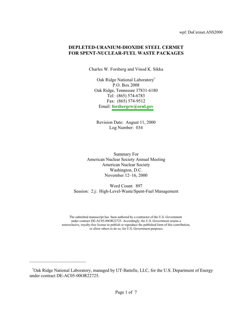 Depleted-Uranium-Dioxide Steel Cermet for Spent-Nuclear-Fuel Waste Packages