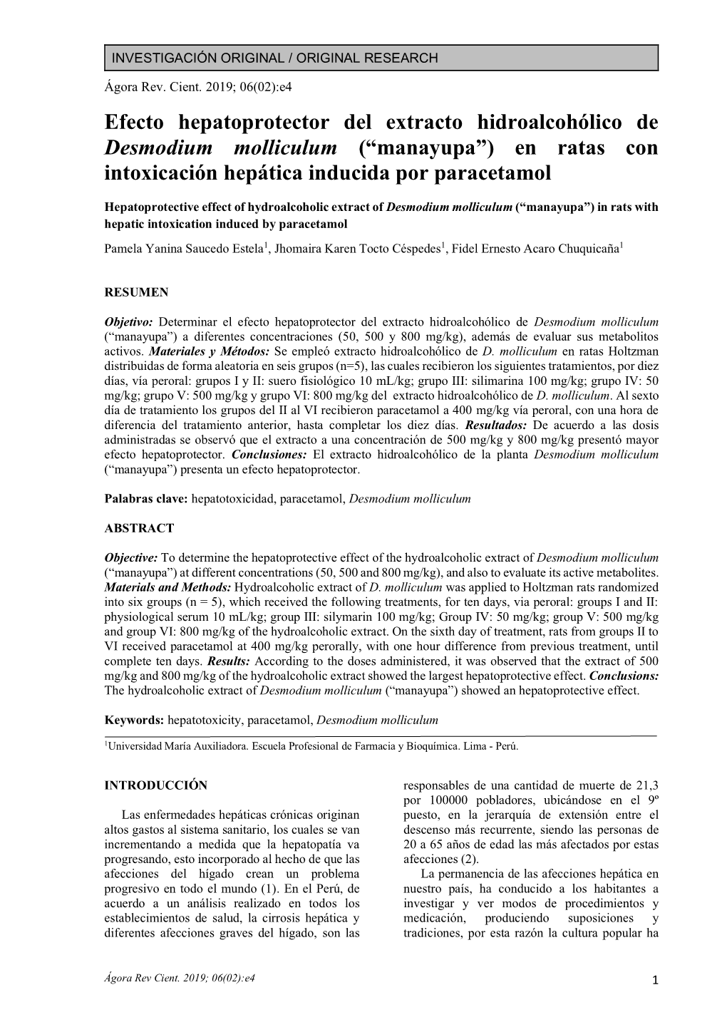 Efecto Hepatoprotector Del Extracto Hidroalcohólico De Desmodium Molliculum (“Manayupa”) En Ratas Con Intoxicación Hepática Inducida Por Paracetamol