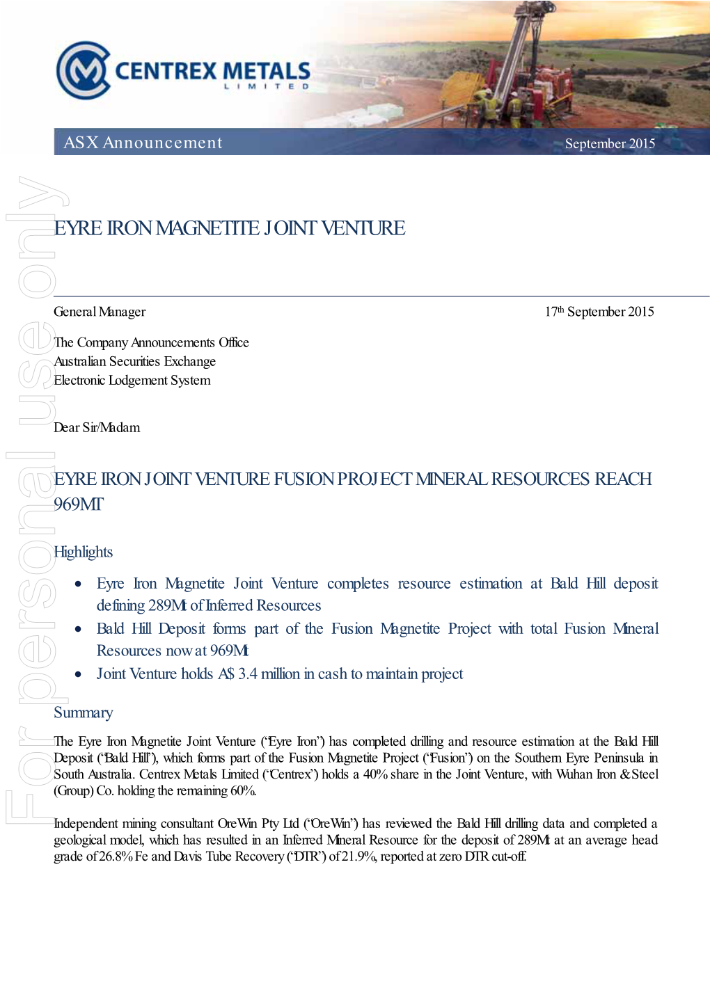 Eyre Iron Magnetite Joint Venture
