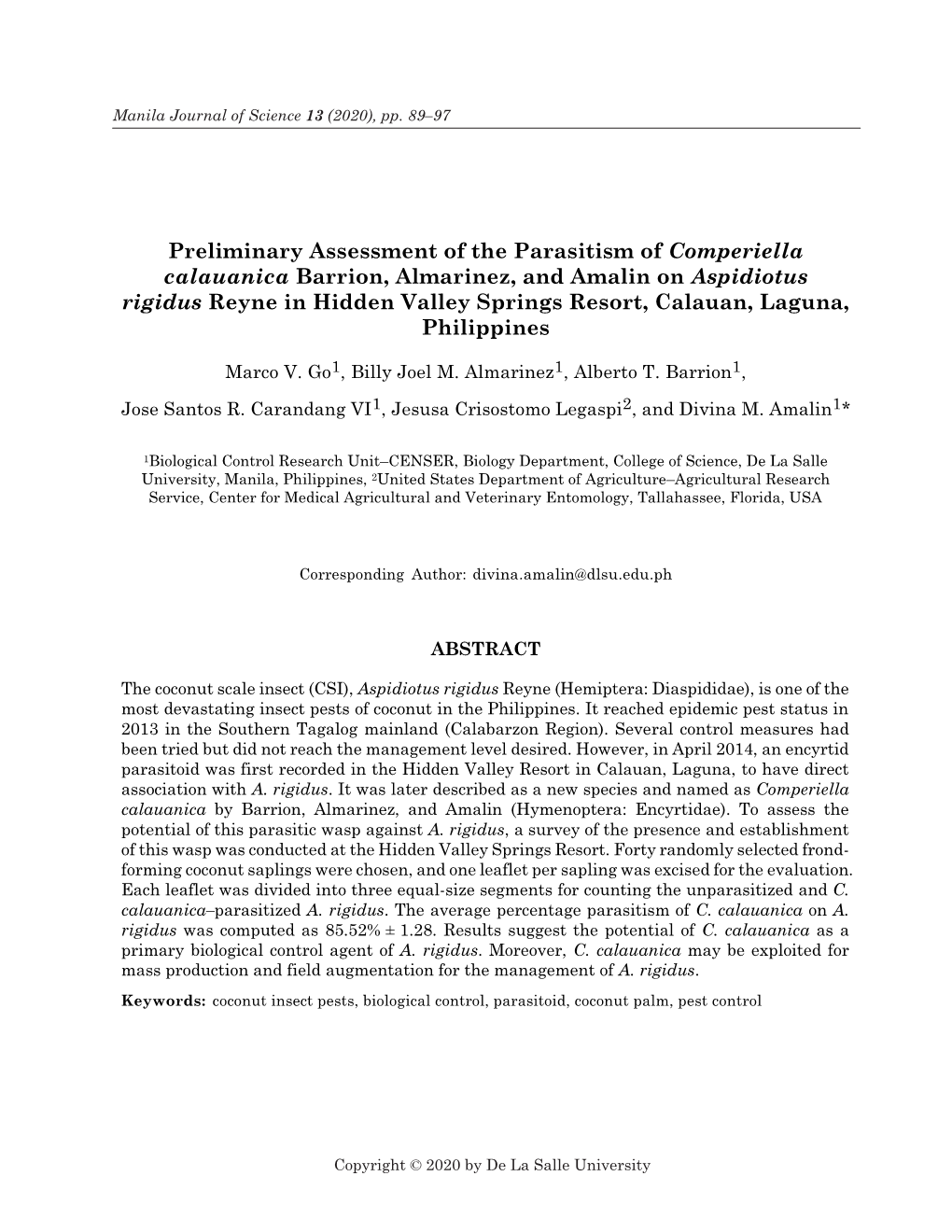 Preliminary Assessment of the Parasitism of Comperiella