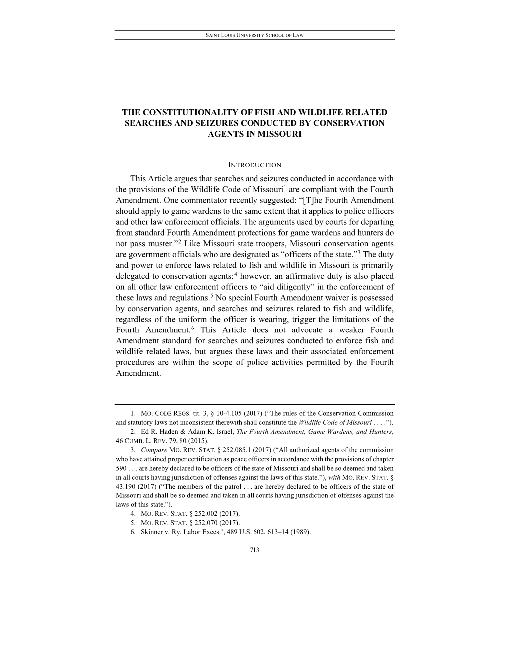 The Constitutionality of Fish and Wildlife Related Searches and Seizures Conducted by Conservation Agents in Missouri