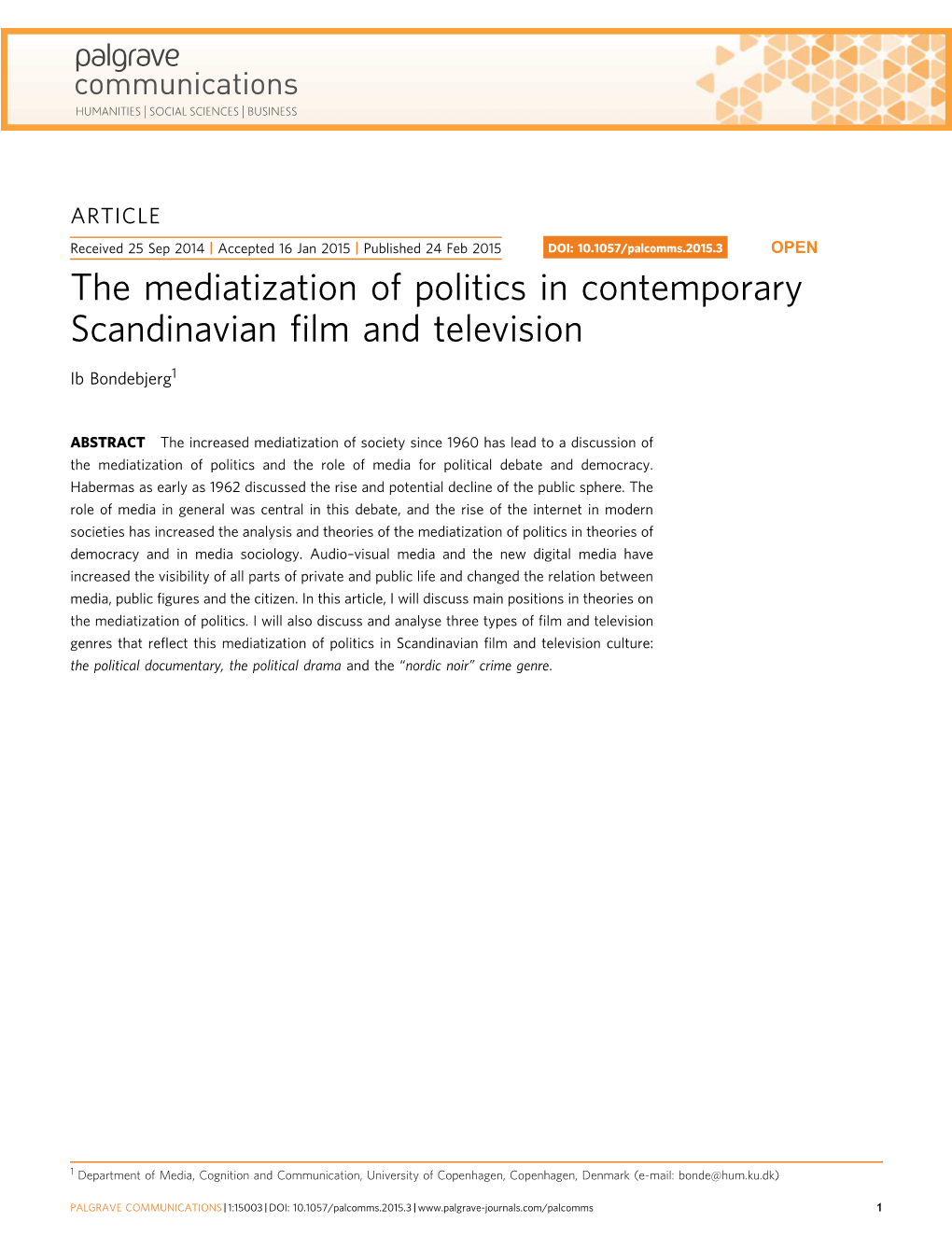 The Mediatization of Politics in Contemporary Scandinavian Film