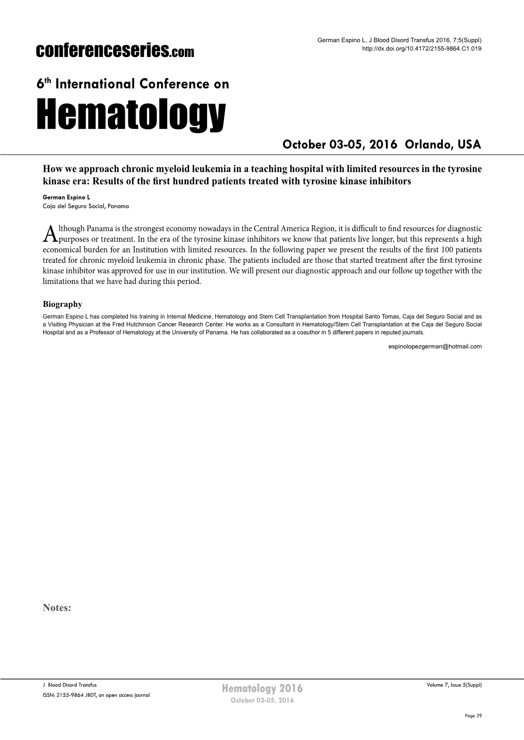 Hematology October 03-05, 2016 Orlando, USA