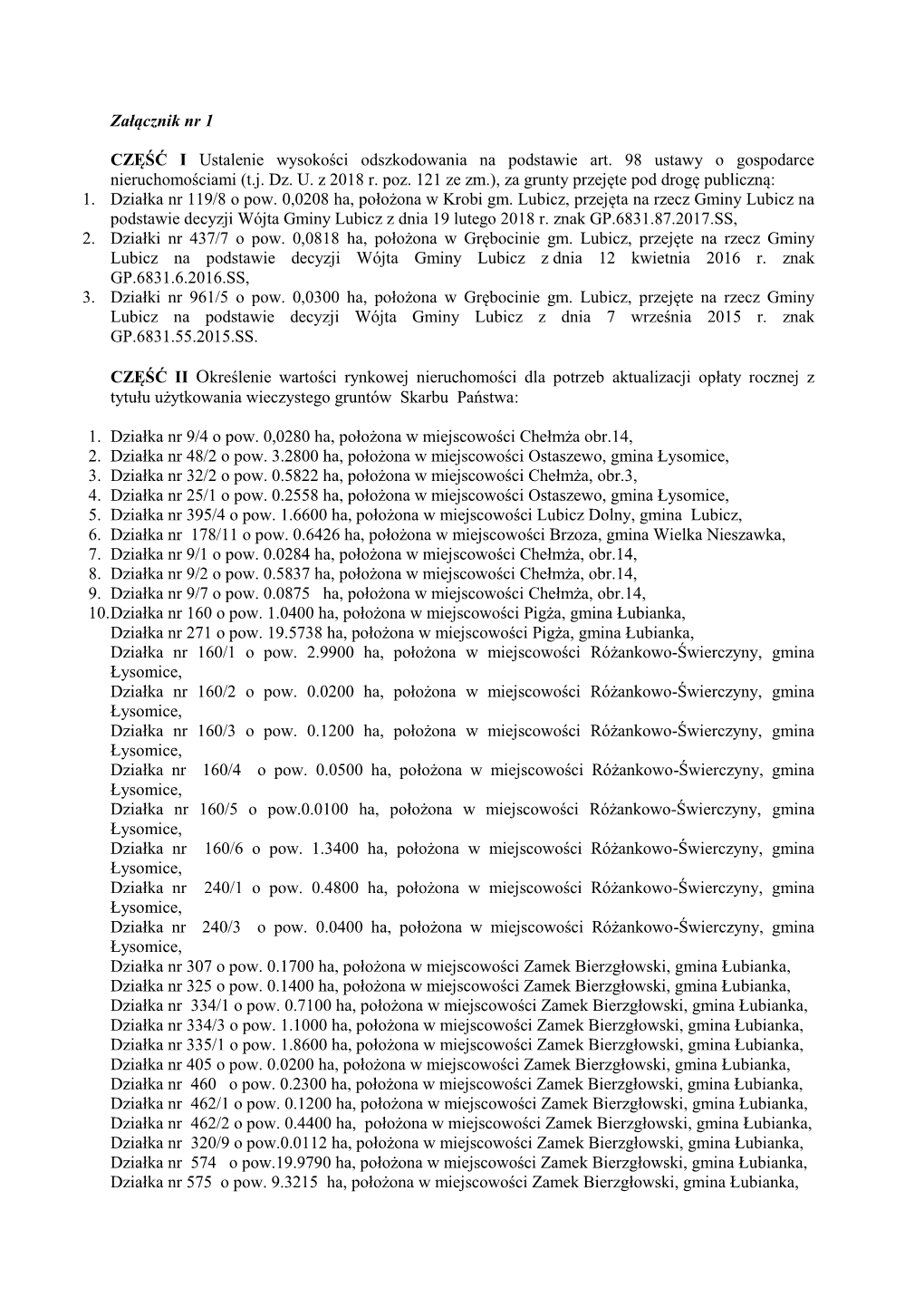 Załącznik Nr 1 CZĘŚĆ I Ustalenie Wysokości Odszkodowania Na