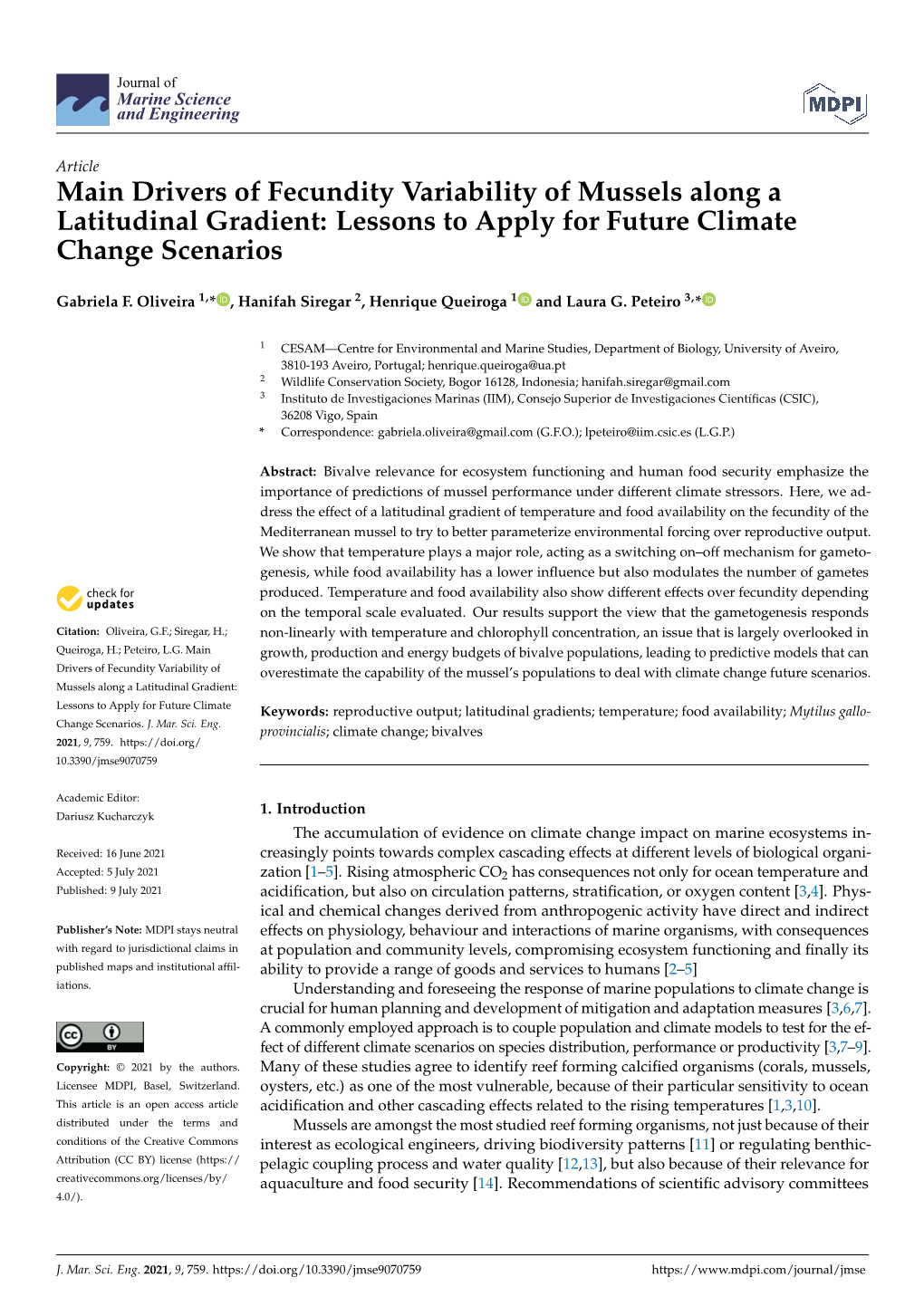 Drivers of Fecundity Variability of Mussels Along a Latitudinal Gradient: Lessons to Apply for Future Climate Change Scenarios