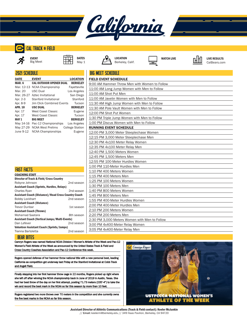 Cal Track & Field Big Meet Schedule 2021 Schedule