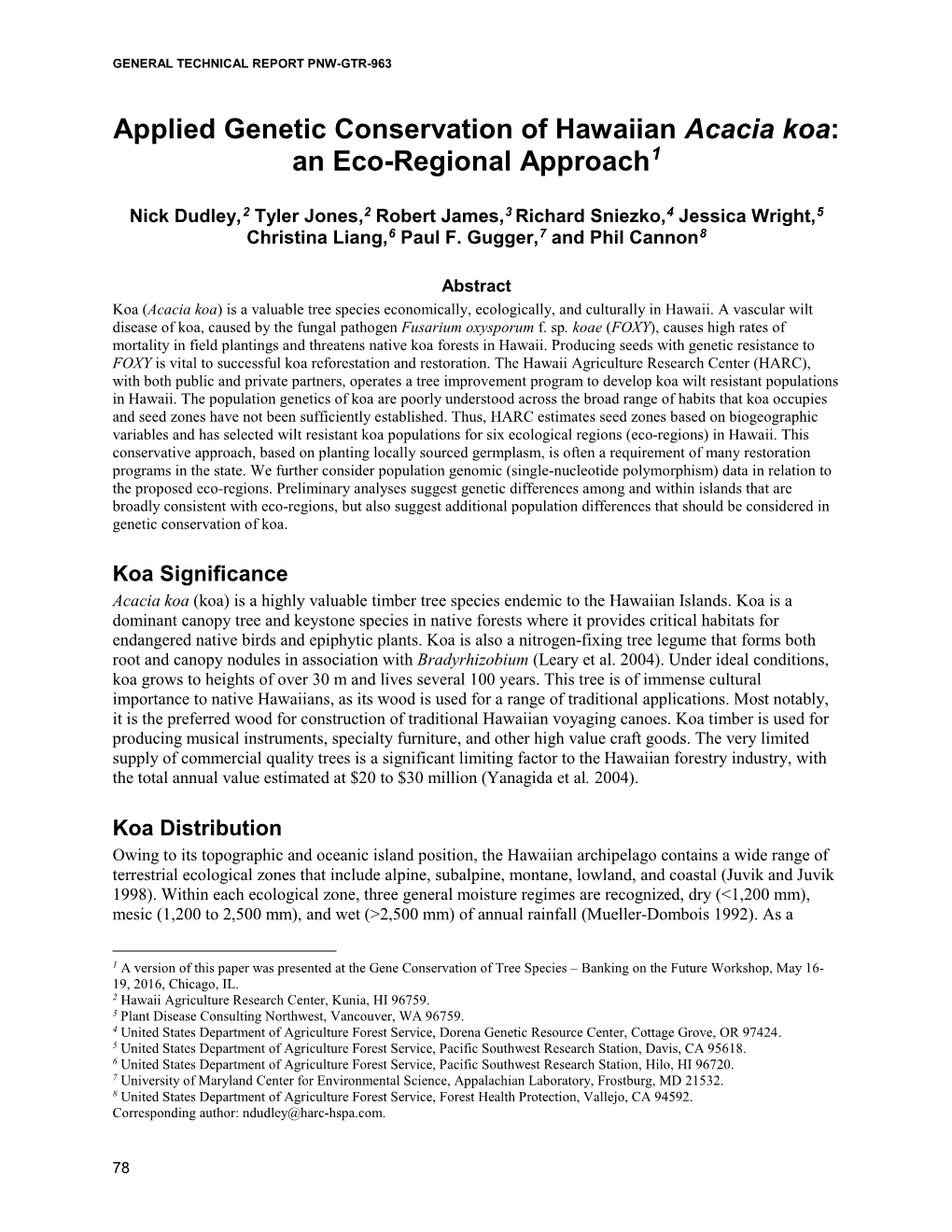 Applied Genetic Conservation of Hawaiian Acacia Koa: an Eco-Regional Approach1