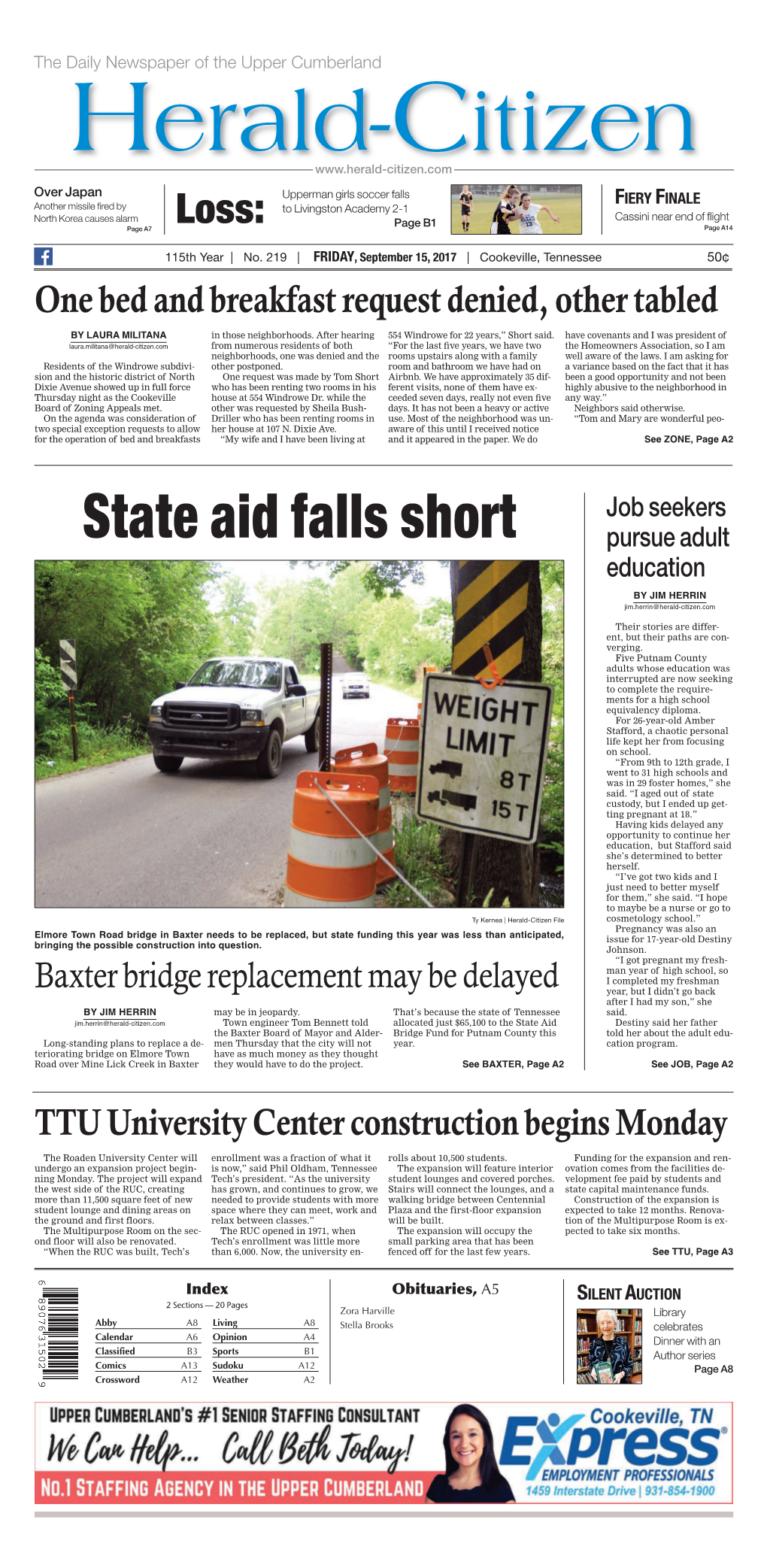 State Aid Falls Short Pursue Adult Education by JIM HERRIN Jim.Herrin@Herald-Citizen.Com