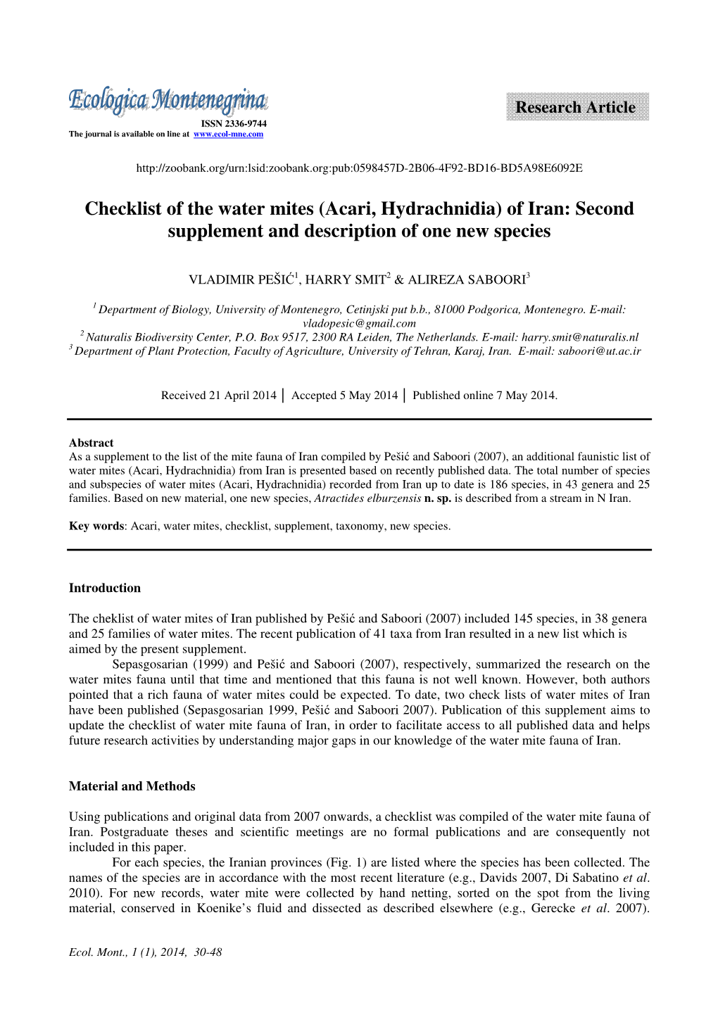 Checklist of the Water Mites (Acari, Hydrachnidia) of Iran: Second Supplement and Description of One New Species