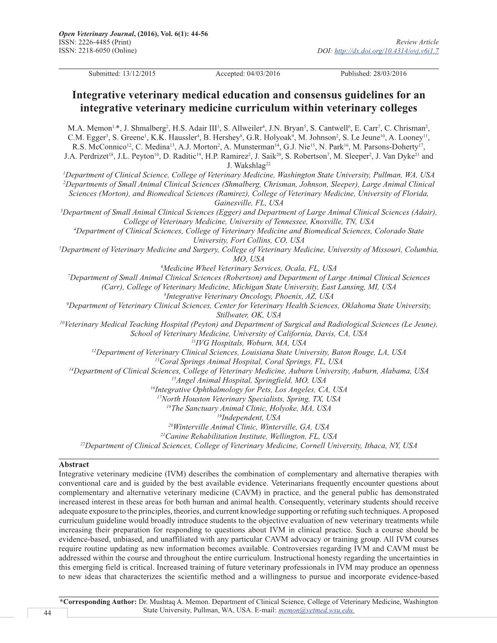 Integrative Veterinary Medical Education and Consensus Guidelines for an Integrative Veterinary Medicine Curriculum Within Veterinary Colleges