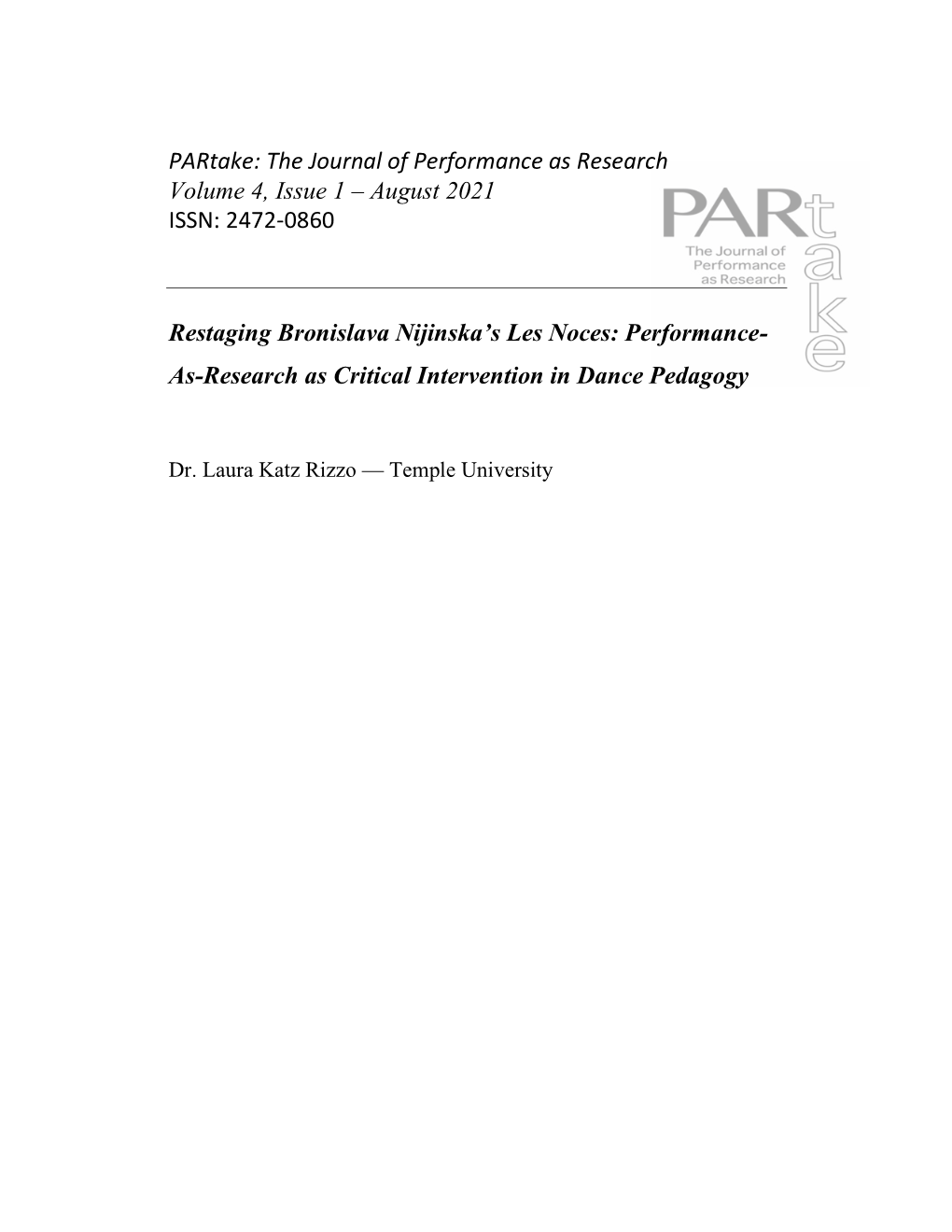 August 2021 ISSN: 2472-0860 Restaging Bronislava Nijinska