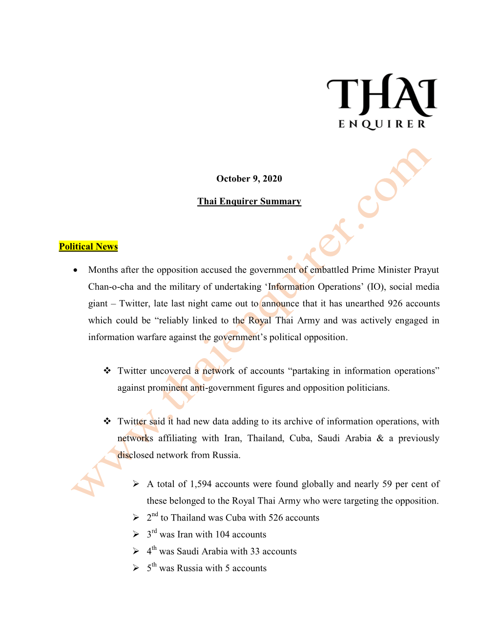 October 9, 2020 Thai Enquirer Summary Political News • Months