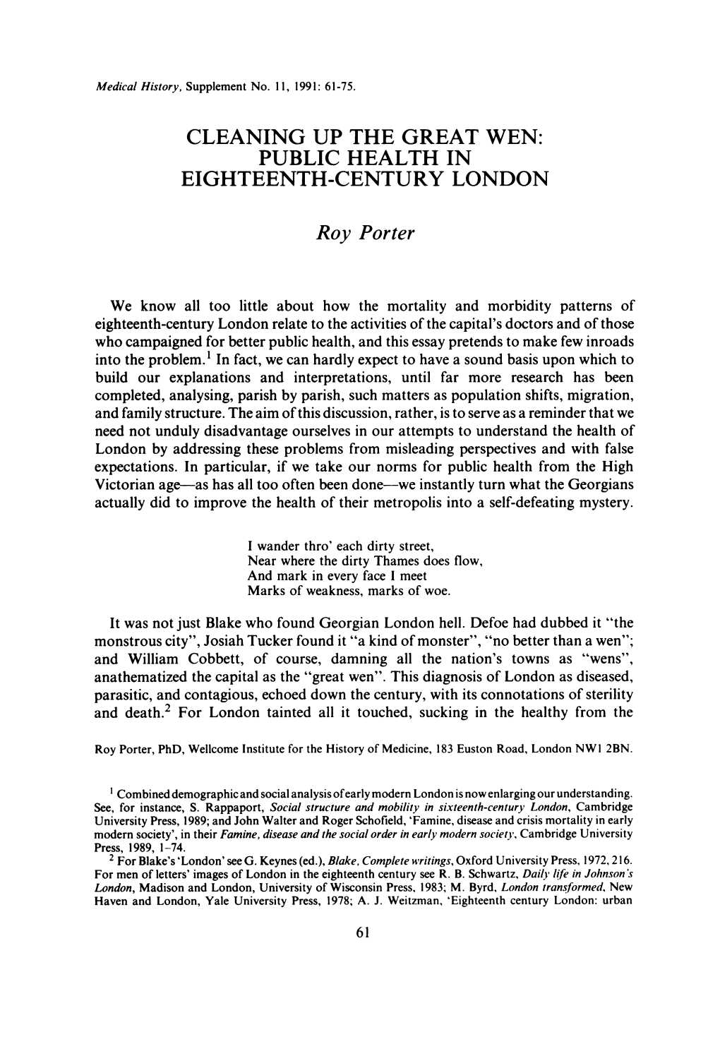 Public Health in Eighteenth-Century London
