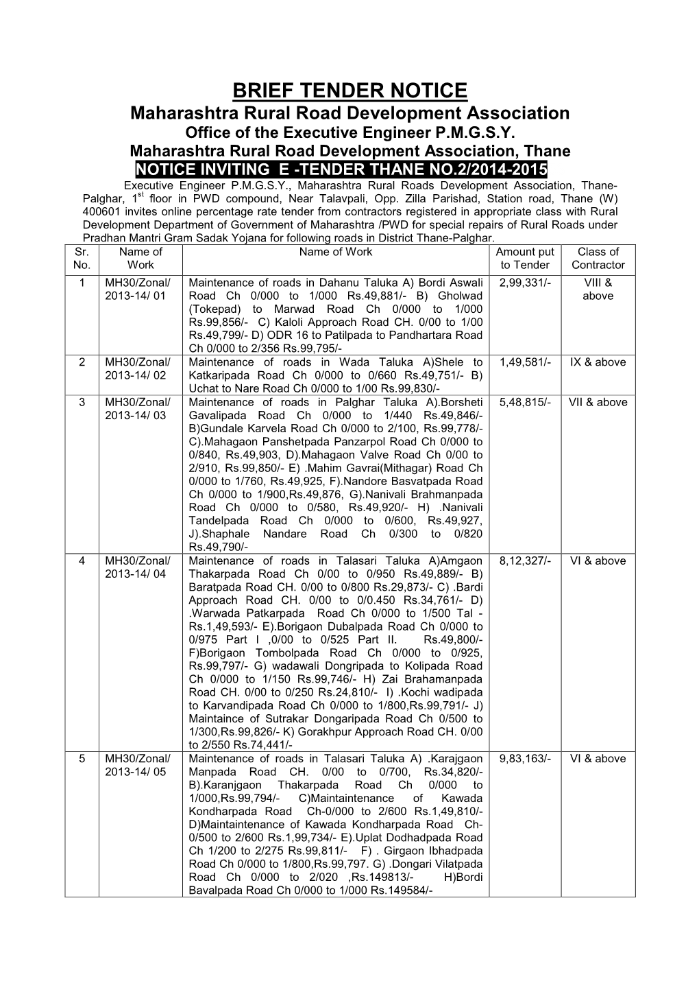 BRIEF TENDER NOTICE Maharashtra Rural Road Development Association Office of the Executive Engineer P.M.G.S.Y