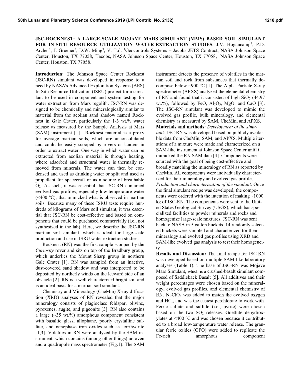 Jsc-Rocknest: a Large-Scale Mojave Mars Simulant (Mms) Based Soil Simulant for In-Situ Resource Utilization Water-Extraction Studies