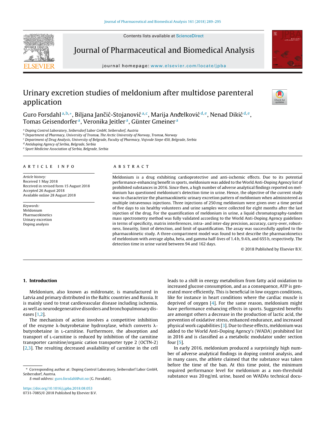 Urinary Excretion Studies of Meldonium After Multidose Parenteral Application