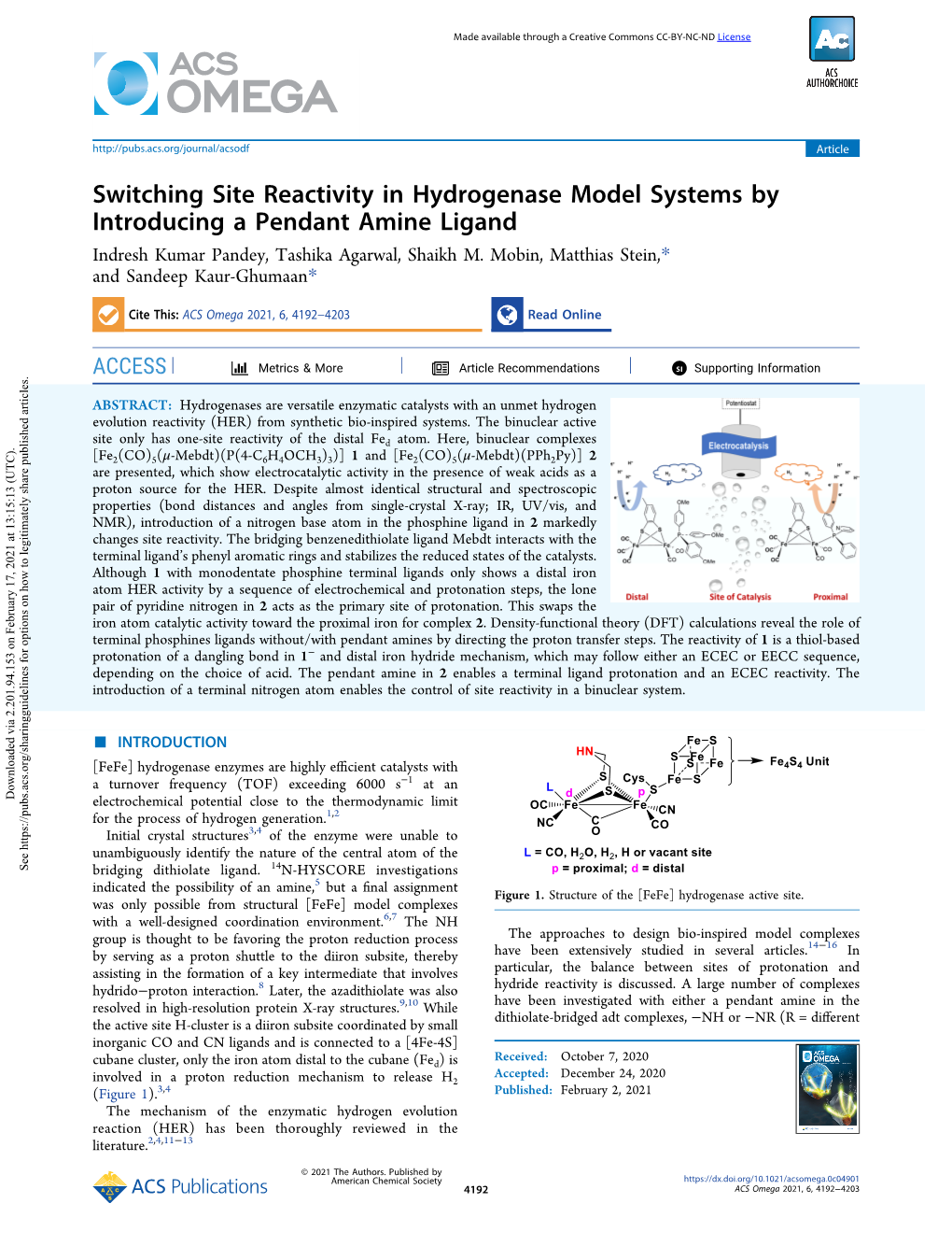 Switching Site Reactivity in Hydrogenase Model Systems by Introducing a Pendant Amine Ligand Indresh Kumar Pandey, Tashika Agarwal, Shaikh M