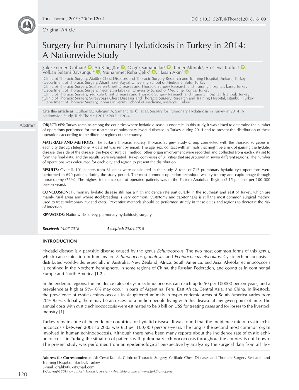 Surgery for Pulmonary Hydatidosis in Turkey in 2014: a Nationwide Study