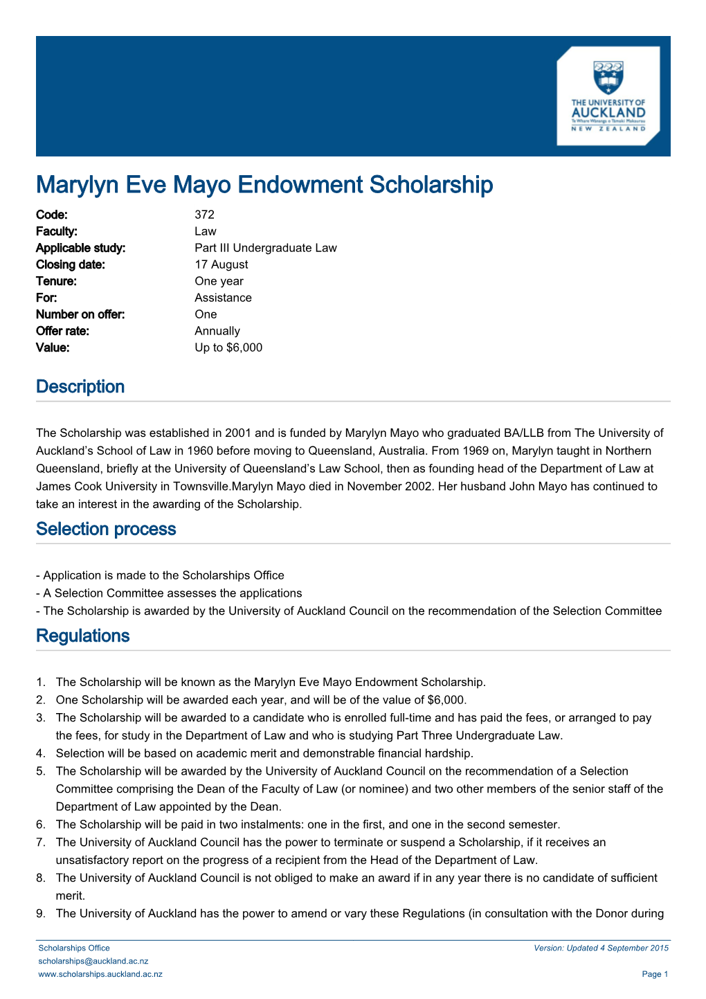 Marylyn Eve Mayo Endowment Scholarship