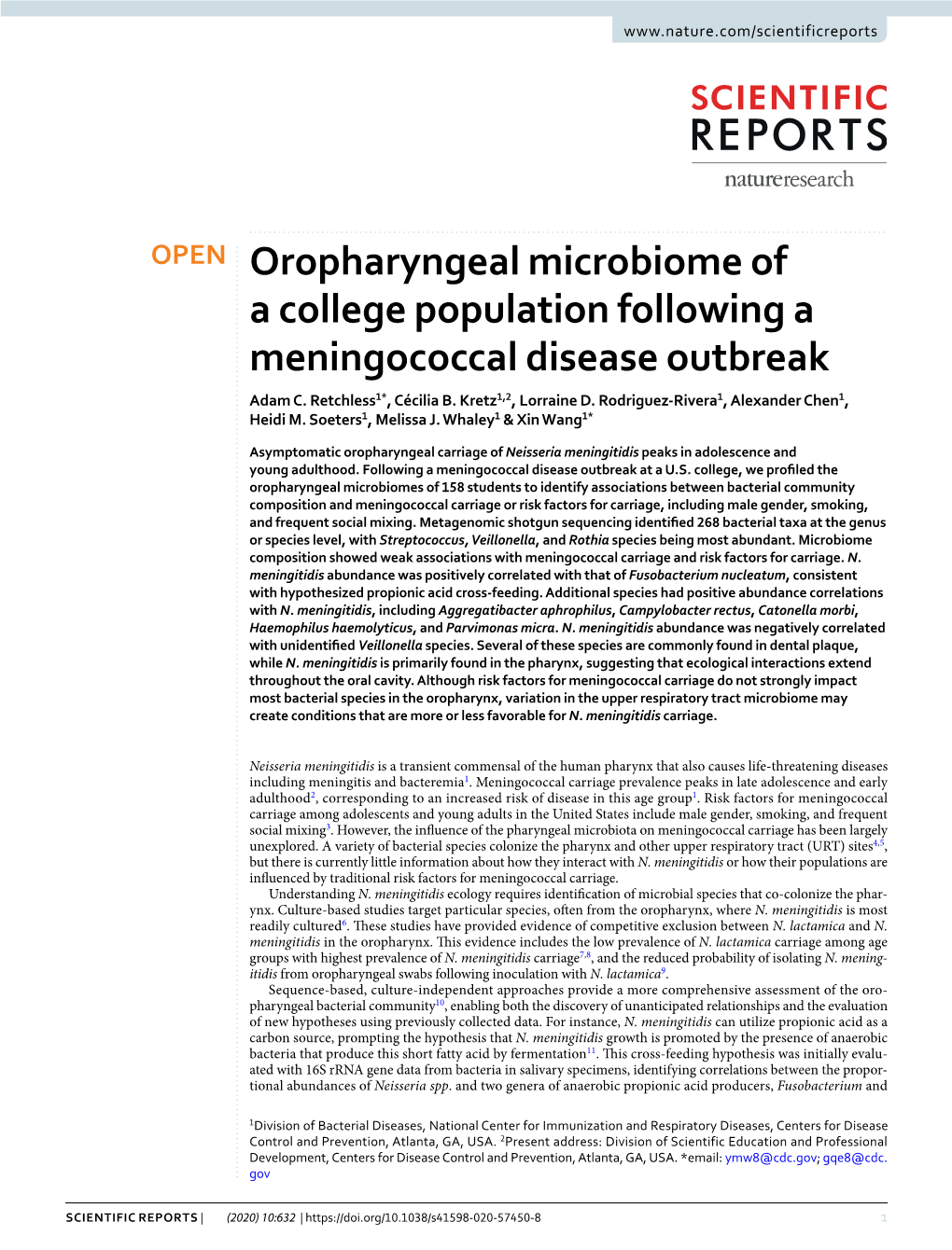 Oropharyngeal Microbiome of a College Population Following a Meningococcal Disease Outbreak Adam C
