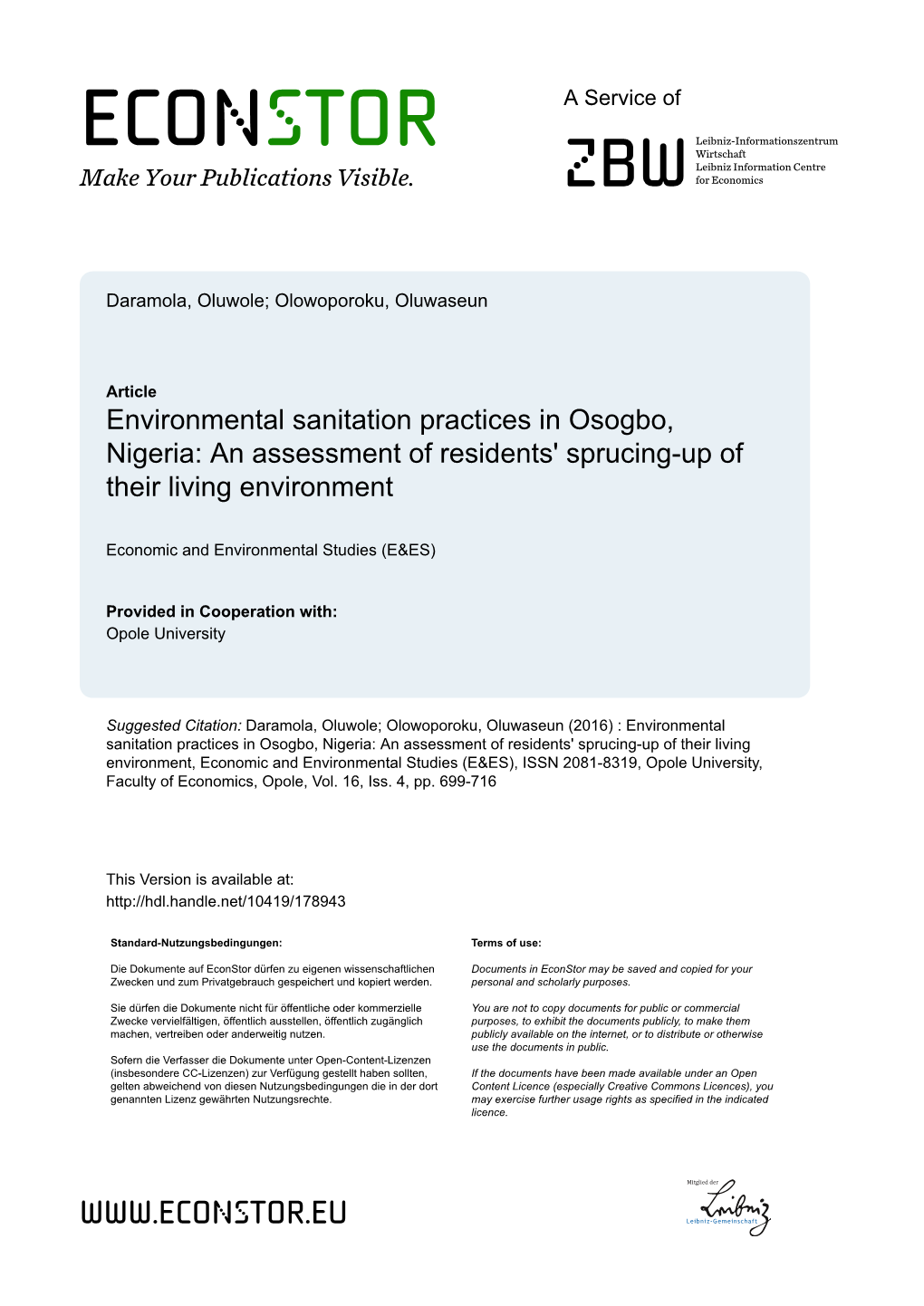 Environmental Sanitation Practices in Osogbo, Nigeria: an Assessment of Residents' Sprucing-Up of Their Living Environment